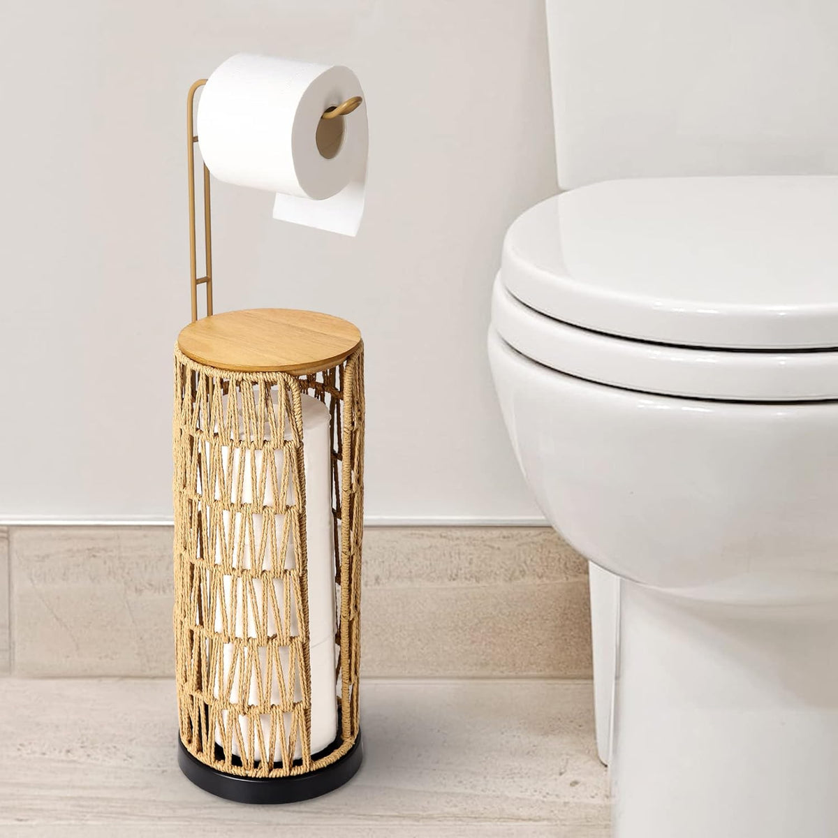 Woven Rattan Toilet Paper Holder with Storage