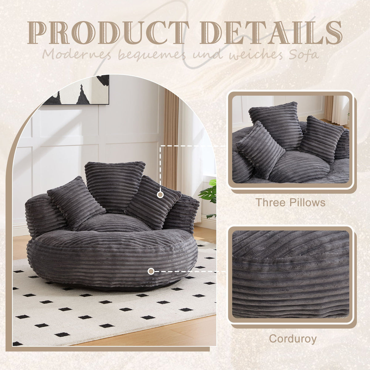 Oversized Bean Bag Chair With 3 Pillows & Armrest - Dark Gray