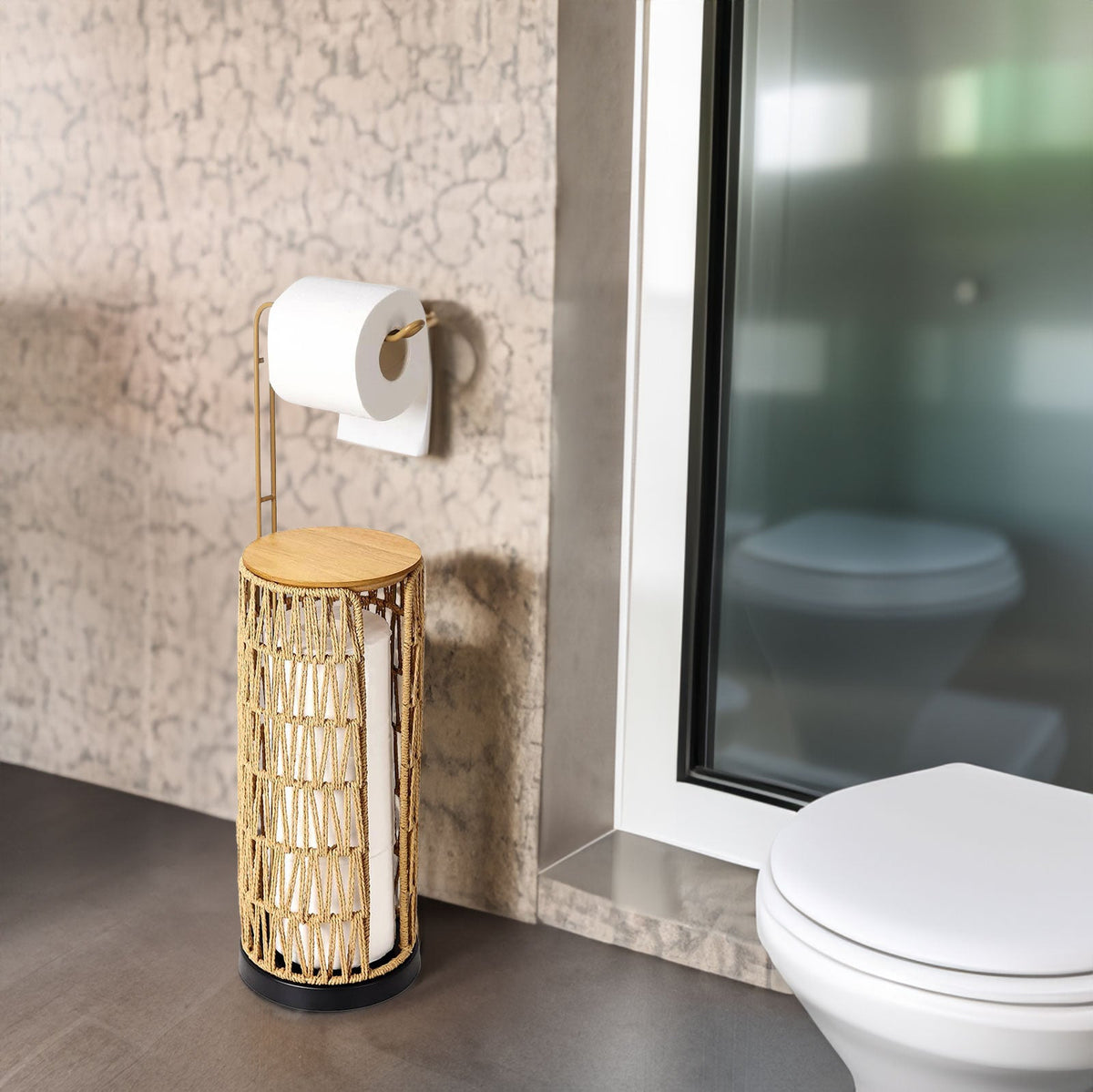 Woven Rattan Toilet Paper Holder with Storage