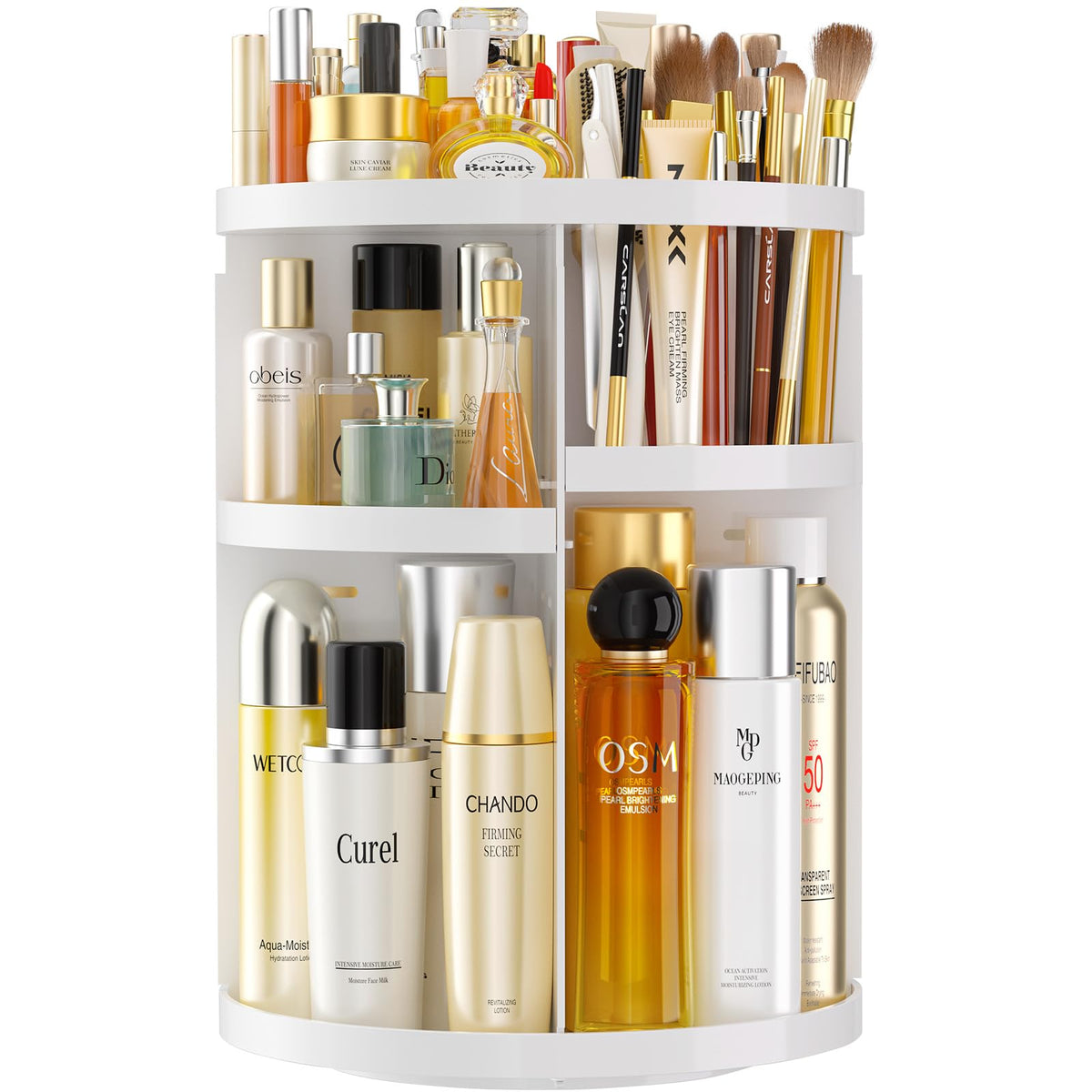 360° Rotating Makeup Organizer with Adjustable Layers & Brush Holder