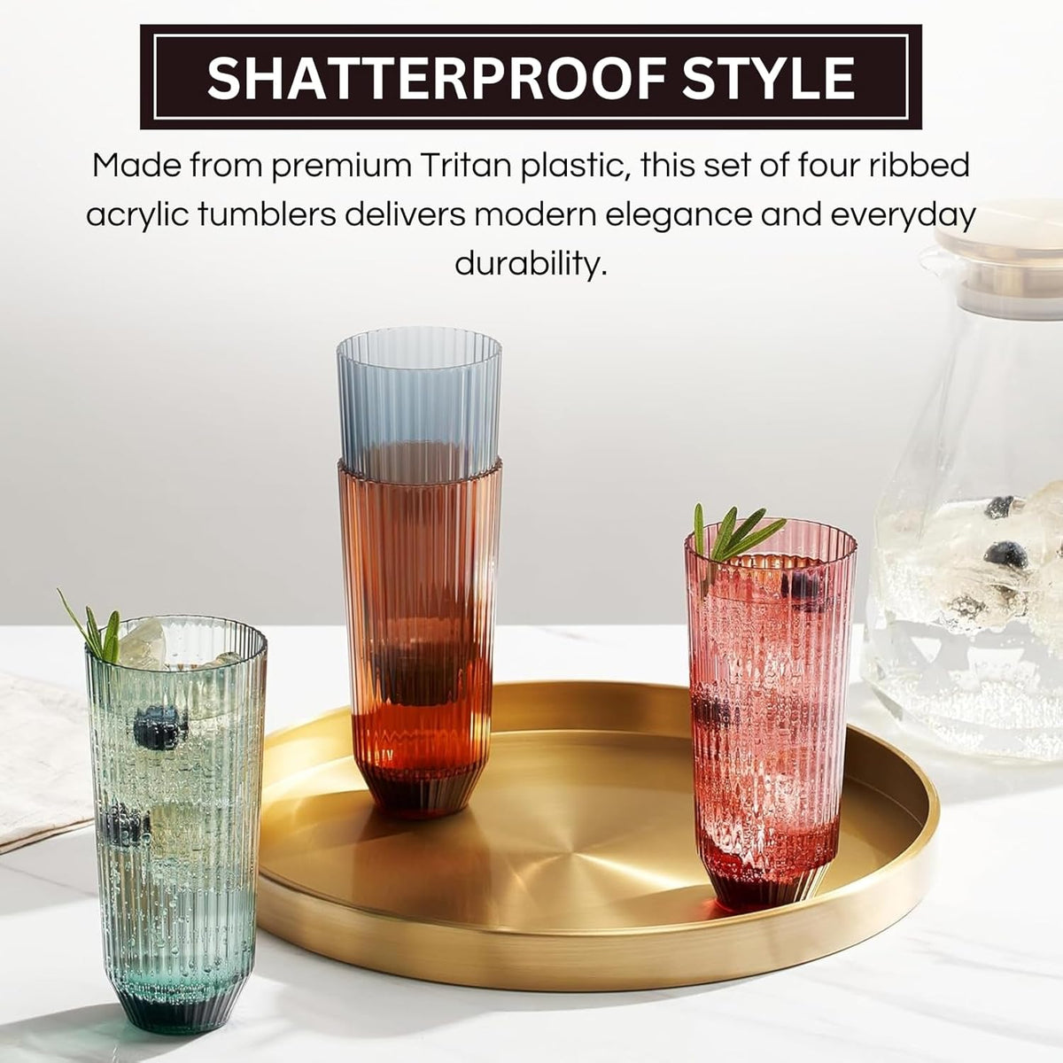 Shatterproof Ribbed Acrylic Glasses, Set of 4