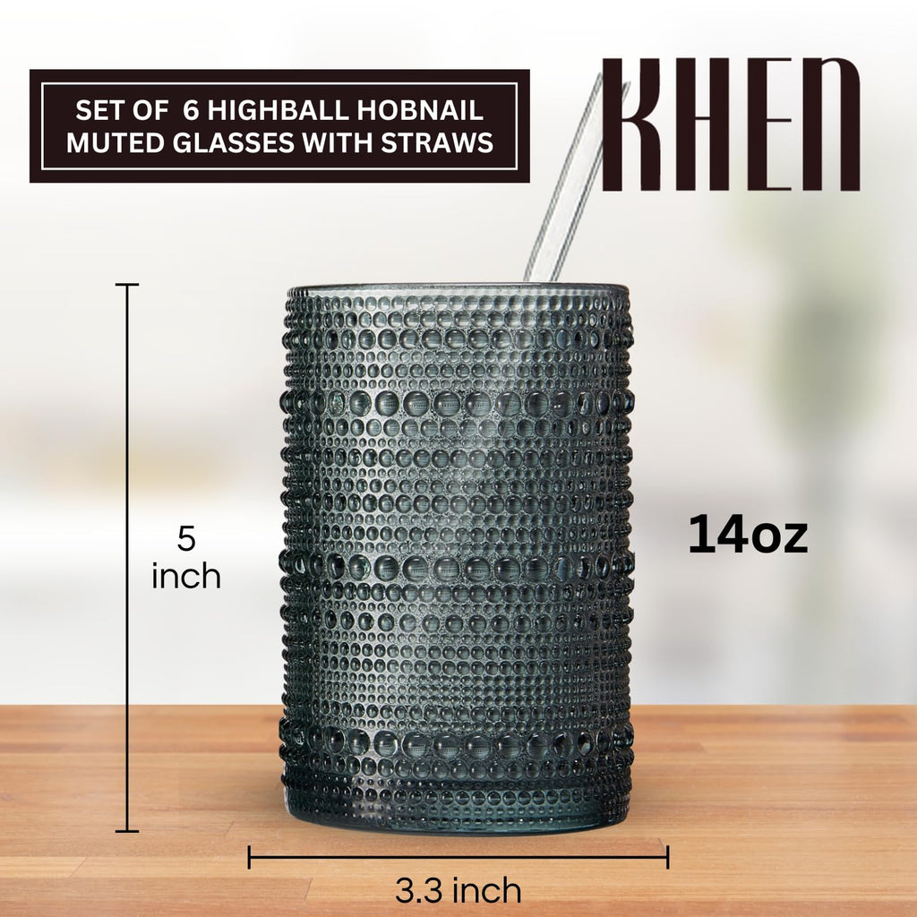 Hobnail Highball Glasses with Straws, Set of 6