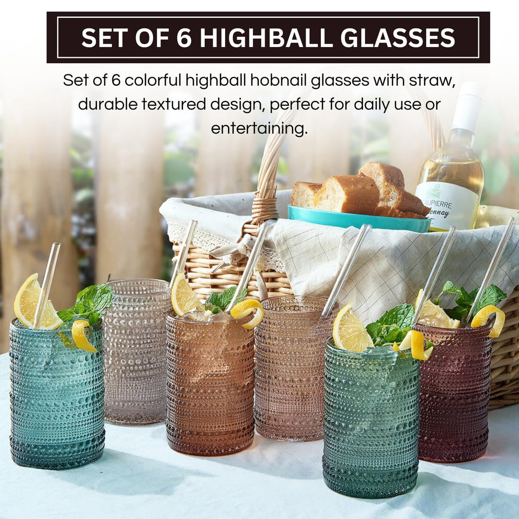 Hobnail Highball Glasses with Straws, Set of 6