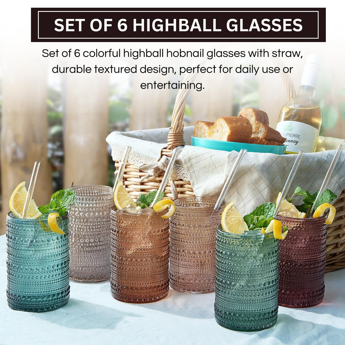 Hobnail Highball Glasses with Straws, Set of 6