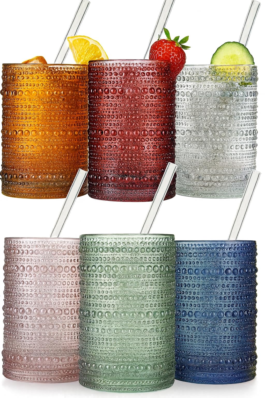 Hobnail Highball Glasses with Straws, Set of 6