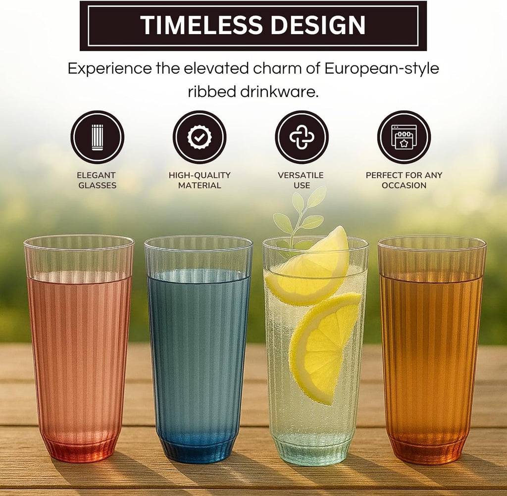 Shatterproof Ribbed Acrylic Glasses, Set of 4