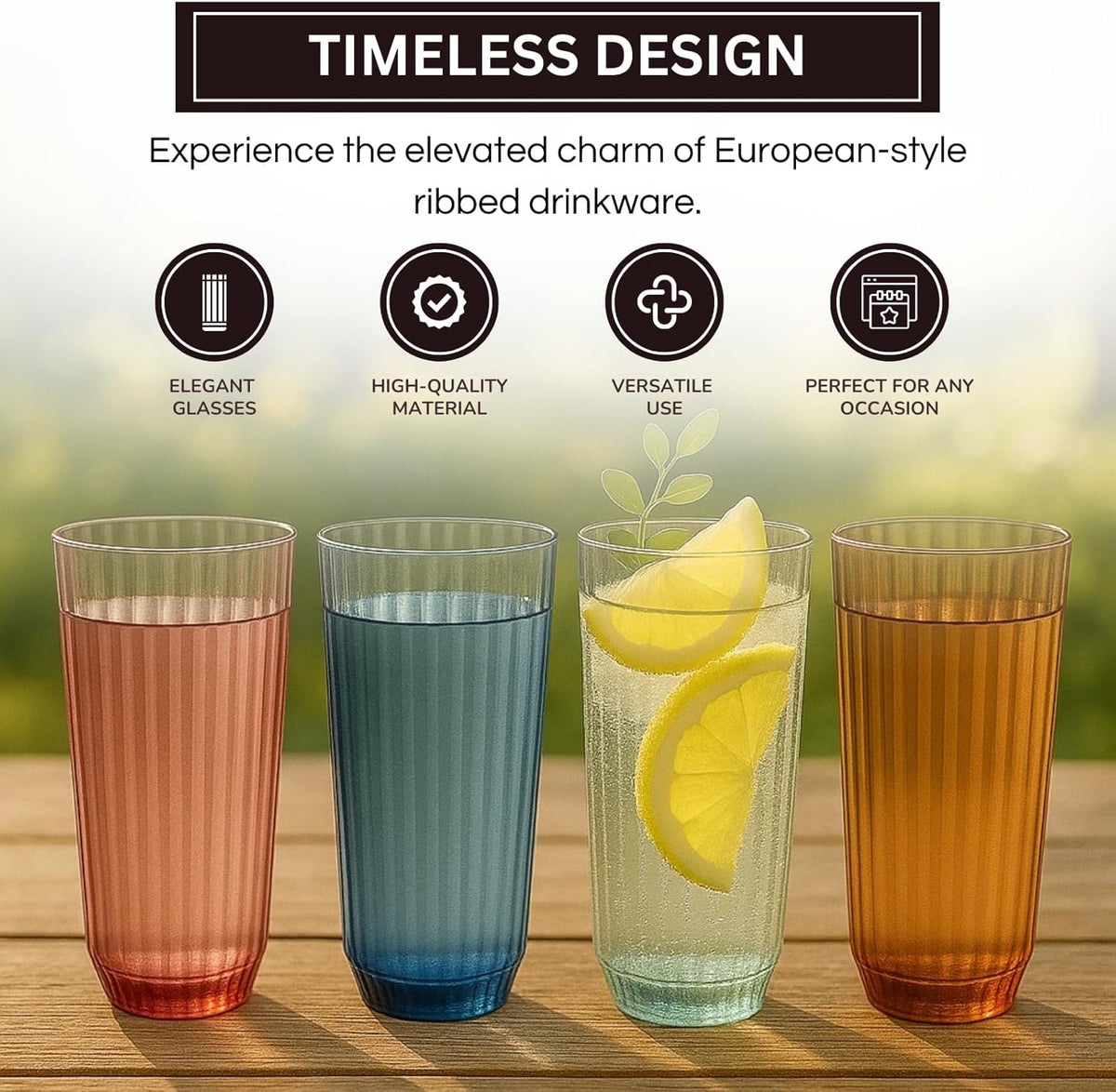 Shatterproof Ribbed Acrylic Glasses, Set of 4