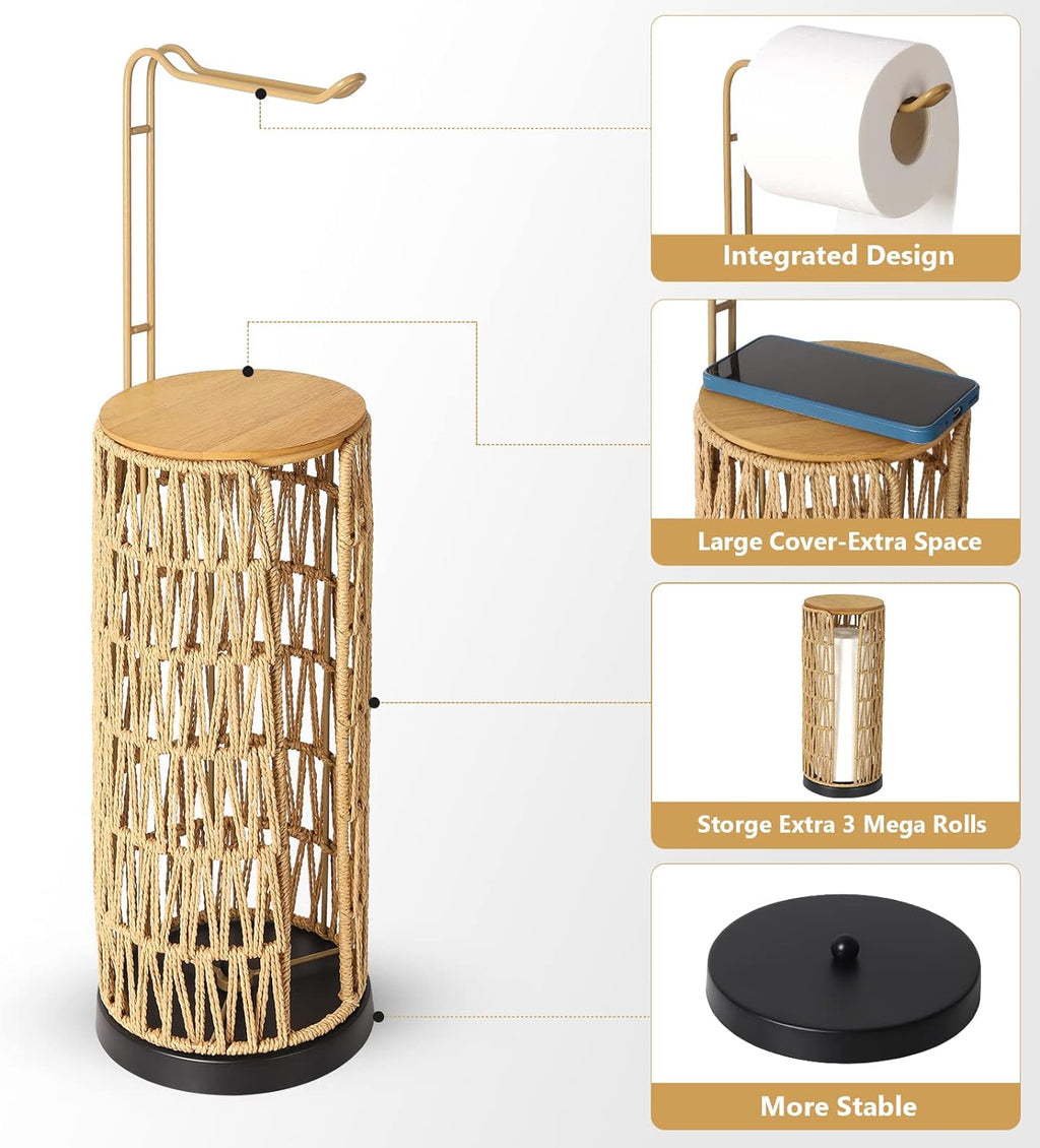 Woven Rattan Toilet Paper Holder with Storage