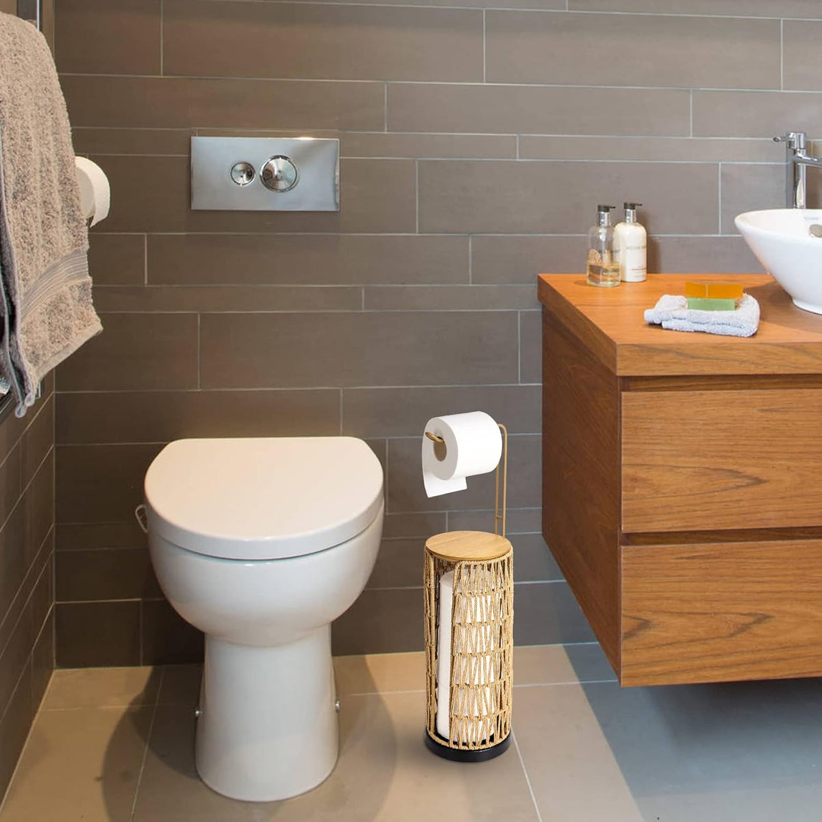Woven Rattan Toilet Paper Holder with Storage
