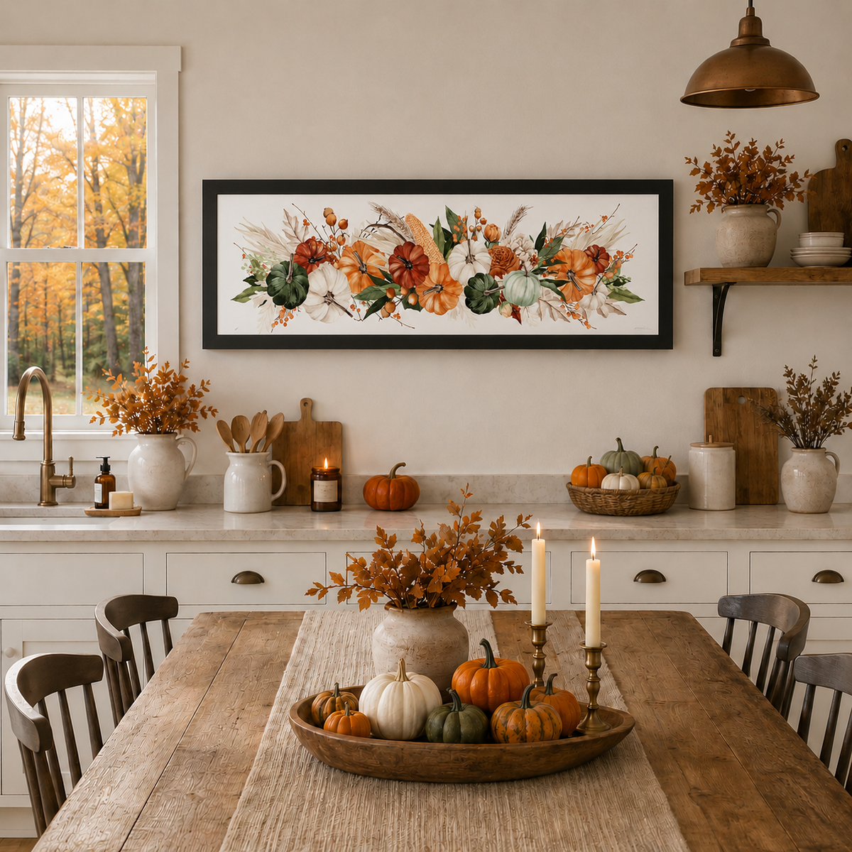 Watercolor Harvest Pumpkin Landscape Wall Art