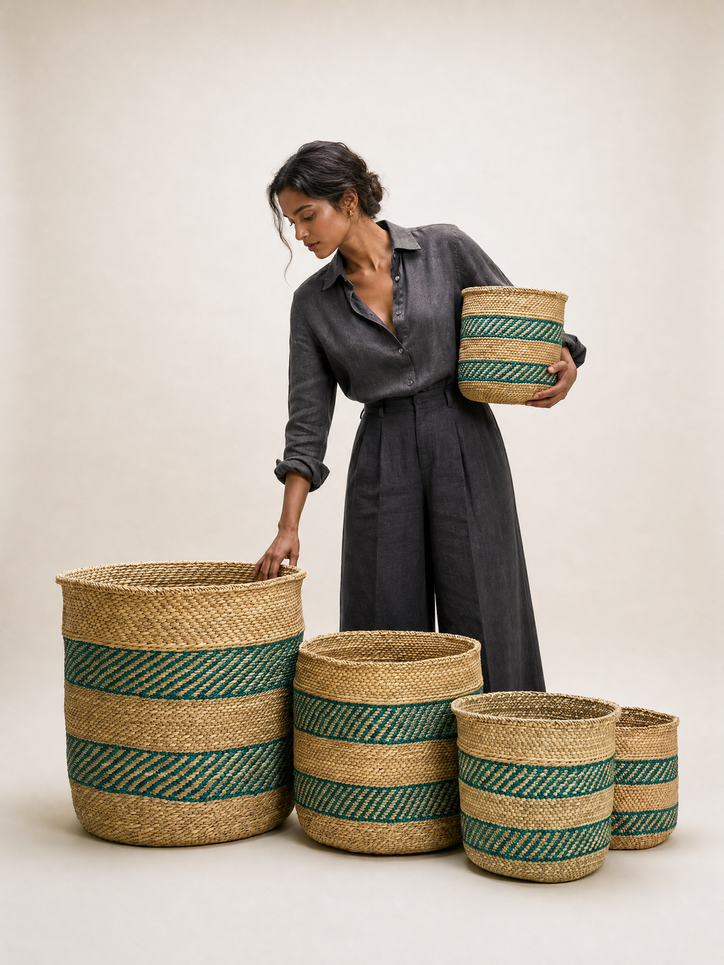 Turquoise Stripe Woven Baskets