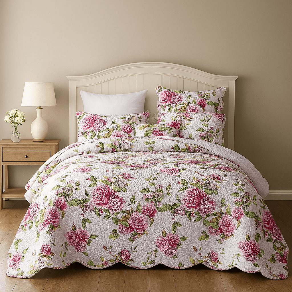 Pink Rose Quilt Set with Pillow Shams