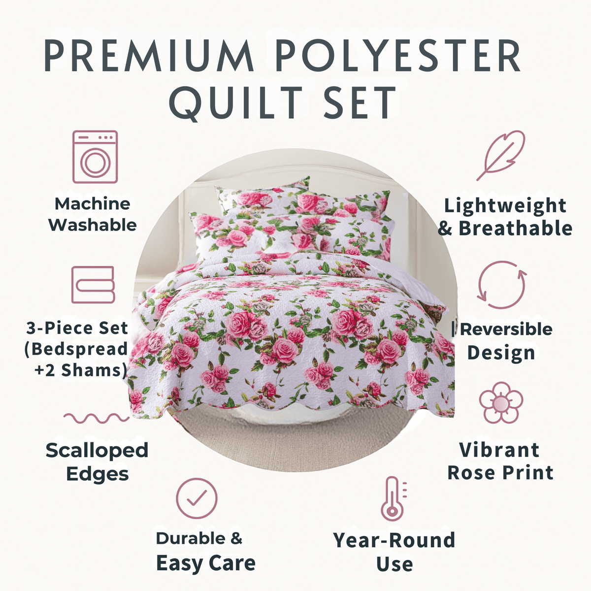 Pink Rose Quilt Set with Pillow Shams