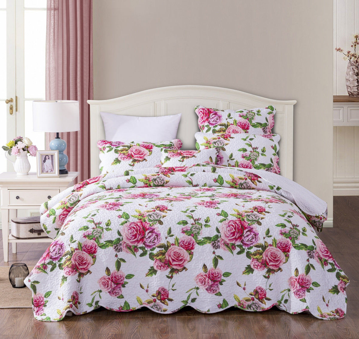 Pink Rose Quilt Set with Pillow Shams
