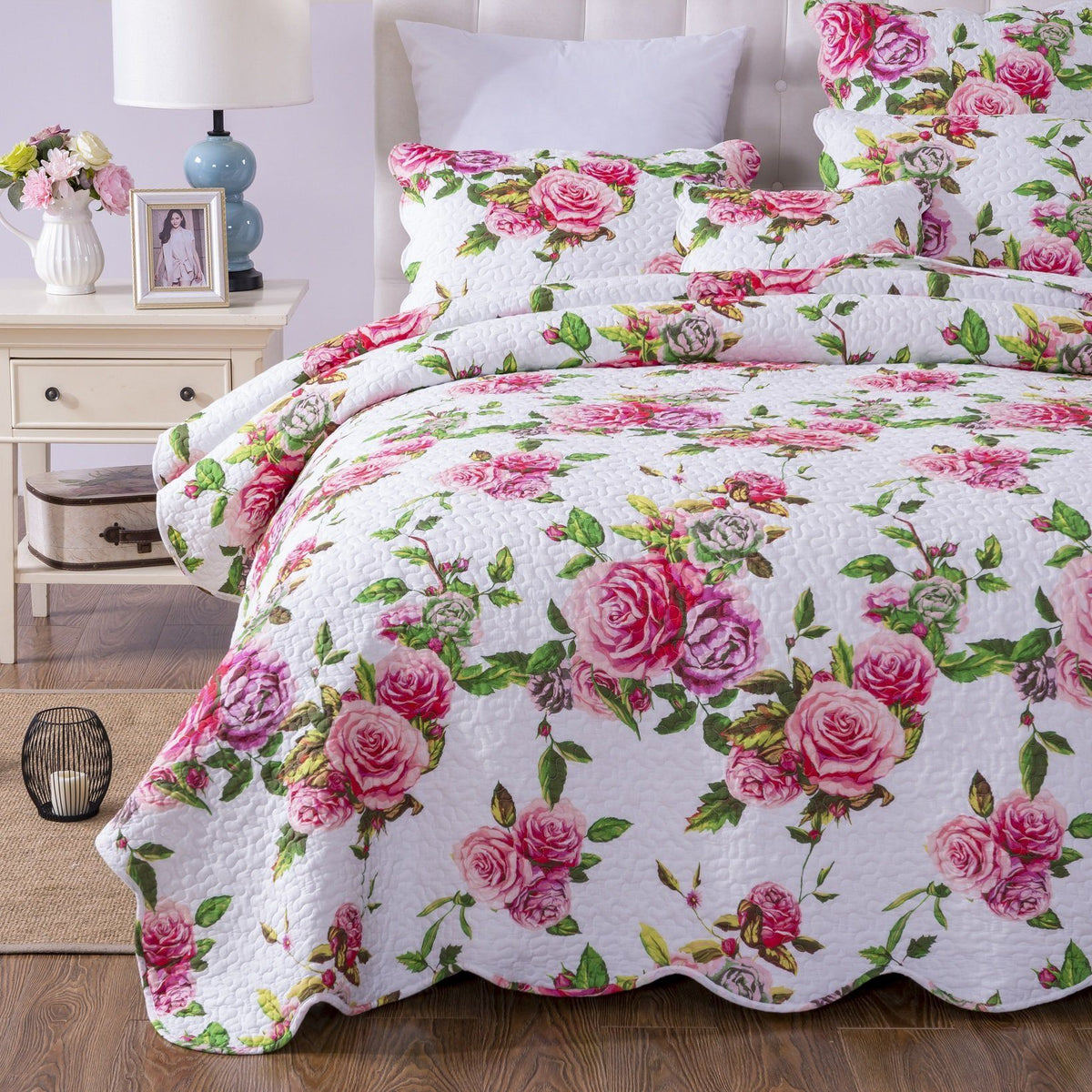 Pink Rose Quilt Set with Pillow Shams