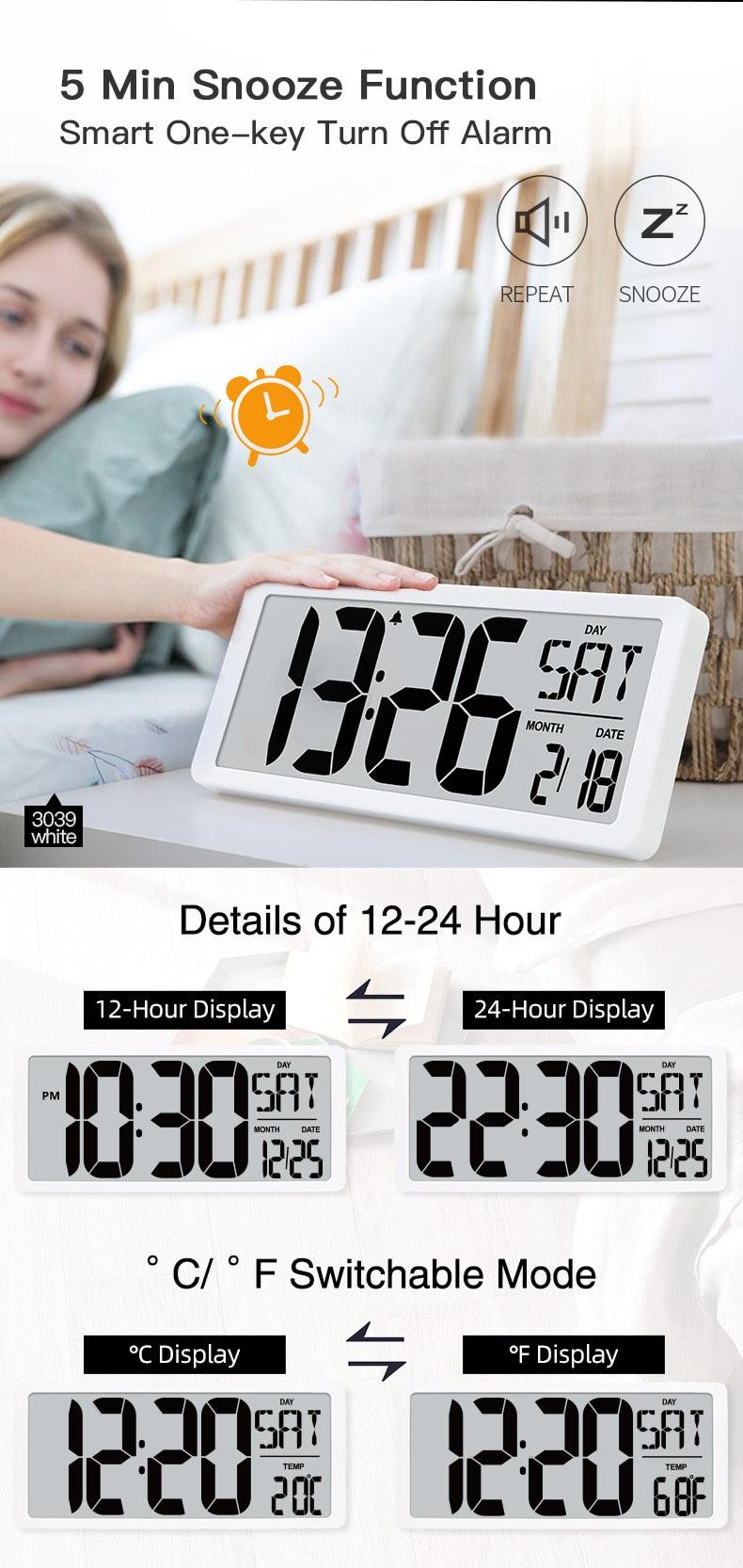 Large Digital Wall Clock with Night Light