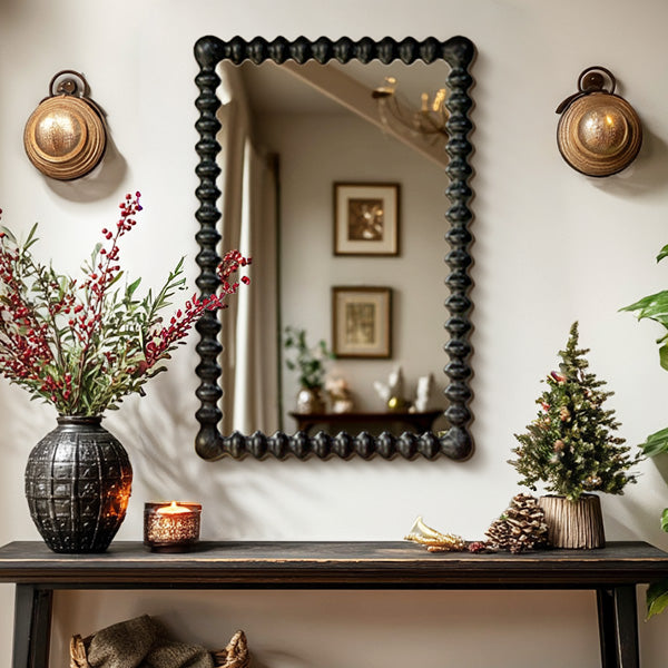Black Beaded Carved Wood Wall Mirror