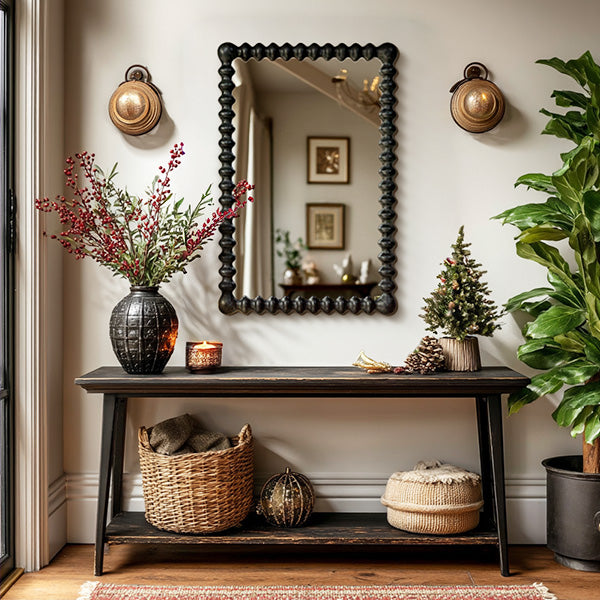 Black Beaded Carved Wood Wall Mirror