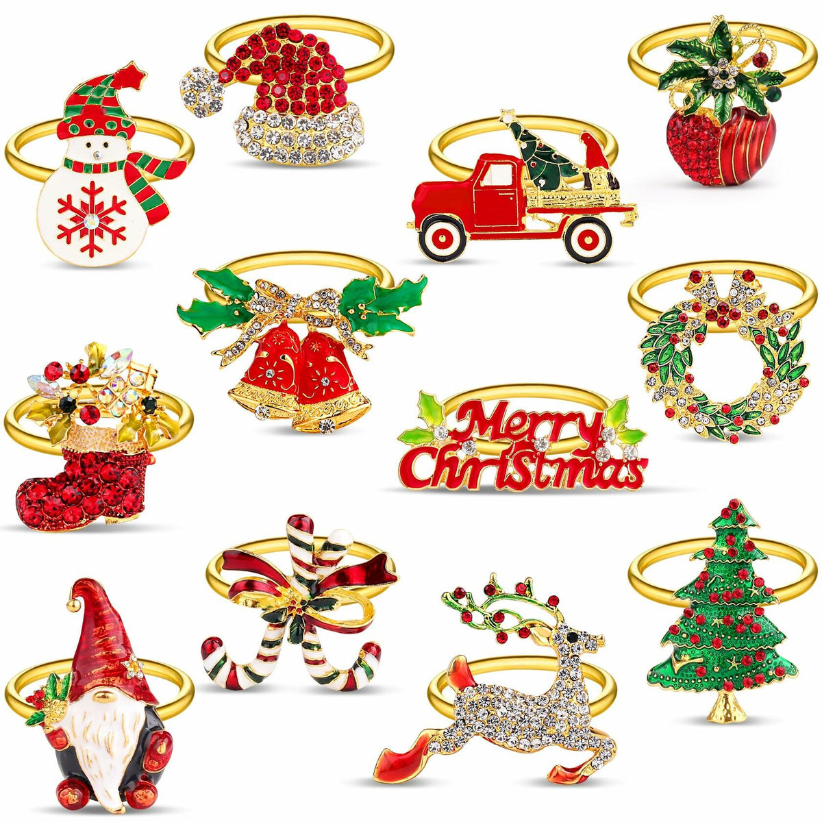 12 pack Gold Christmas Napkin Rings with Bling Various Christmas Napkin Holders